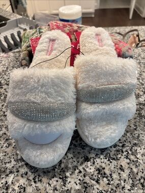 Rampage Faux Fur Slides with Rhinestone Strap